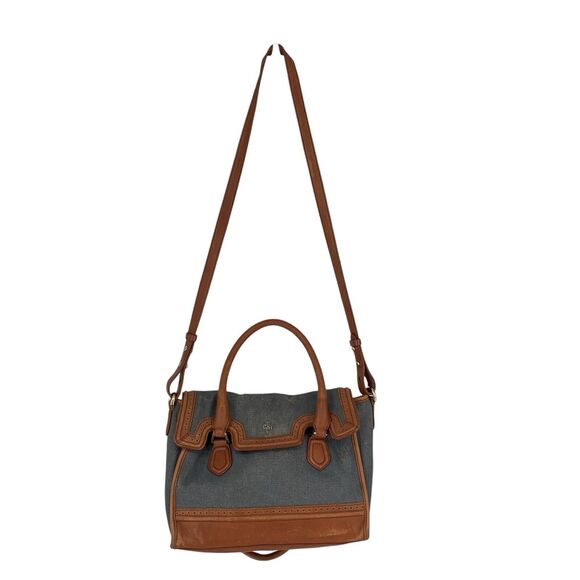 Cole Haan Blue Brown Leather Flap Brooke Tote Crossbody Canvas Spectator - Picture 10 of 16